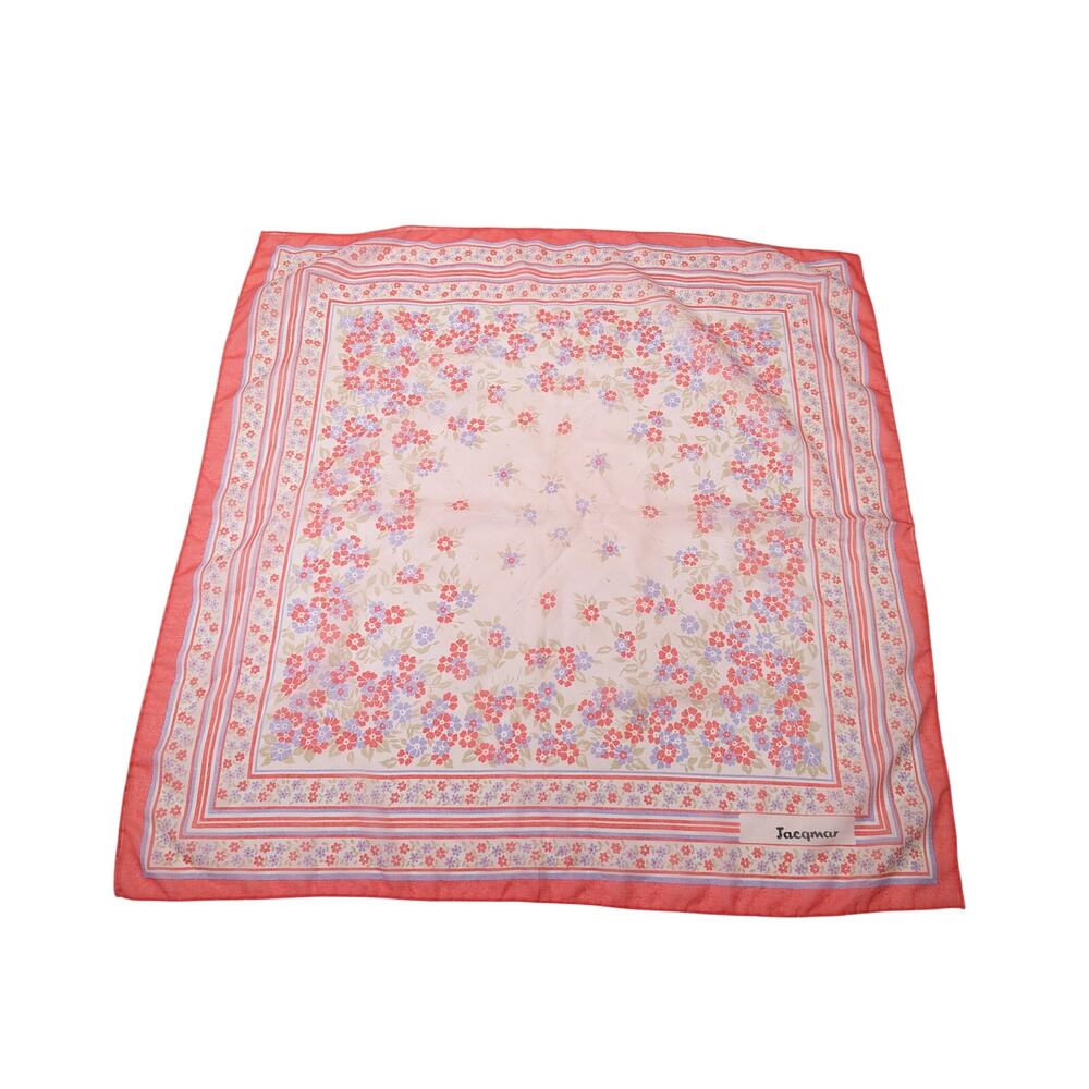 Vintage 70s Scarf Coral Pink Lavender Floral Stripe Floral Print Square